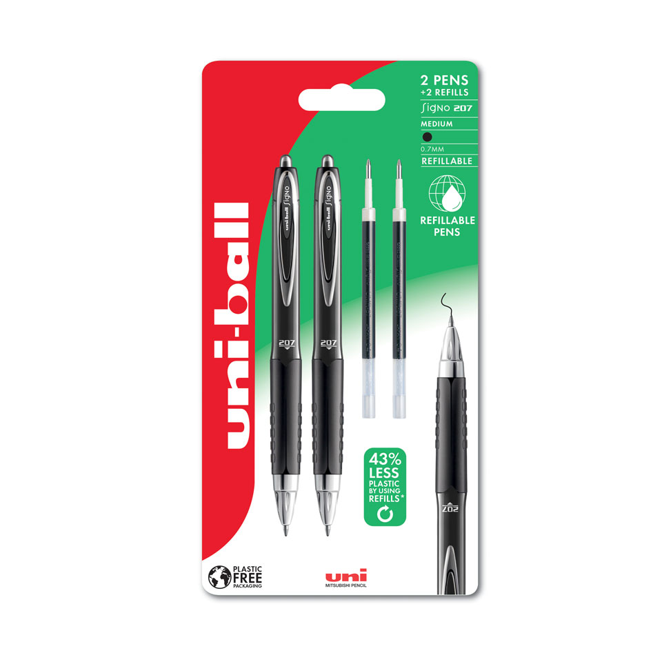 Uni-ball Signo 207 Retractable Gel Pen Refill - 0.7 mm - Black - Pack of 2