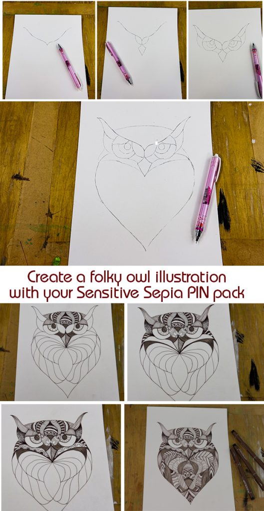 draw a folky owl with Sensitive Sepia PIN pack