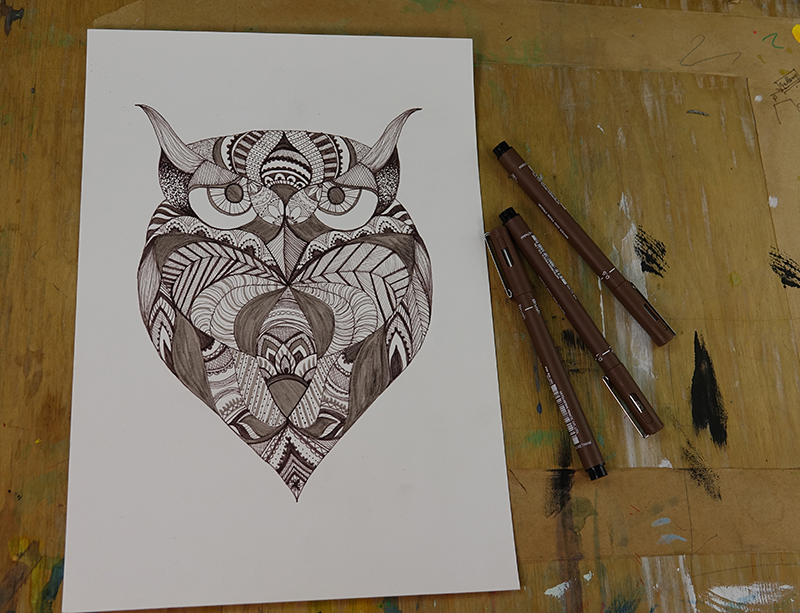Folky owl illustration with Sepia PIN pens