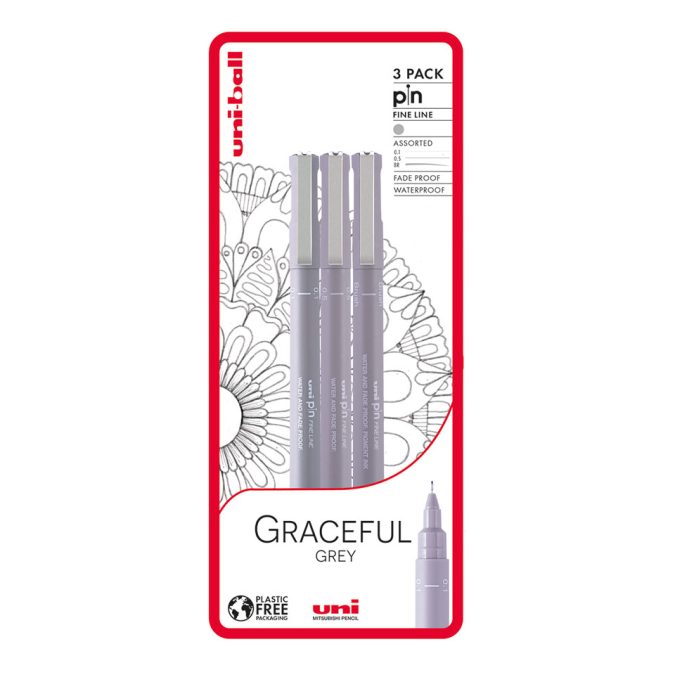 Uni-ball Graceful Grey 3 piece Uni-pin fineliner drawing pens, grey