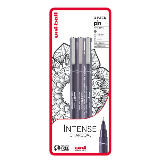 Uni-ball Intense Charcoal 3 piece Uni-pin fineliner drawing pens, dark grey