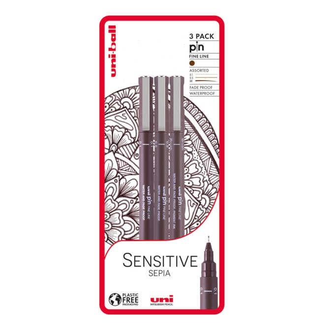 Uni-ball Sensitive Sepia 3 piece Uni-pin fineliner drawing pens, Brown