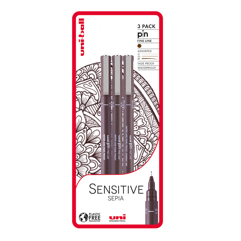 Uni-ball Sensitive Sepia 3 piece Uni-pin fineliner drawing pens, Brown -  uni-ball