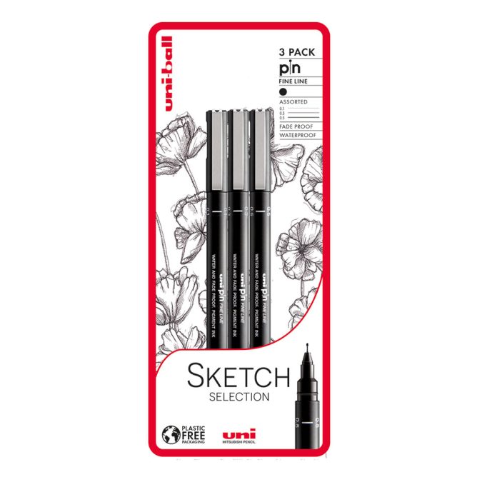 Uni-ball Sketch Selection 3 piece Uni-pin fineliner drawing pens, black
