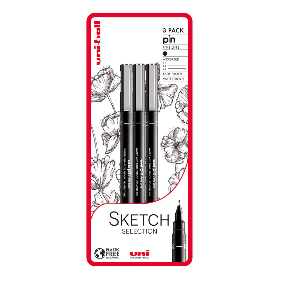 uni-ball Calligraphers Choice 3 piece Uni-pin fineliner drawing pens, black