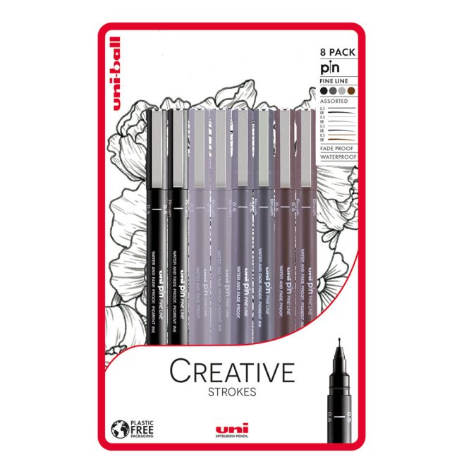 Uni-ball Creative Strokes 8 piece Uni-pin fineliner drawing pens, assorted colours